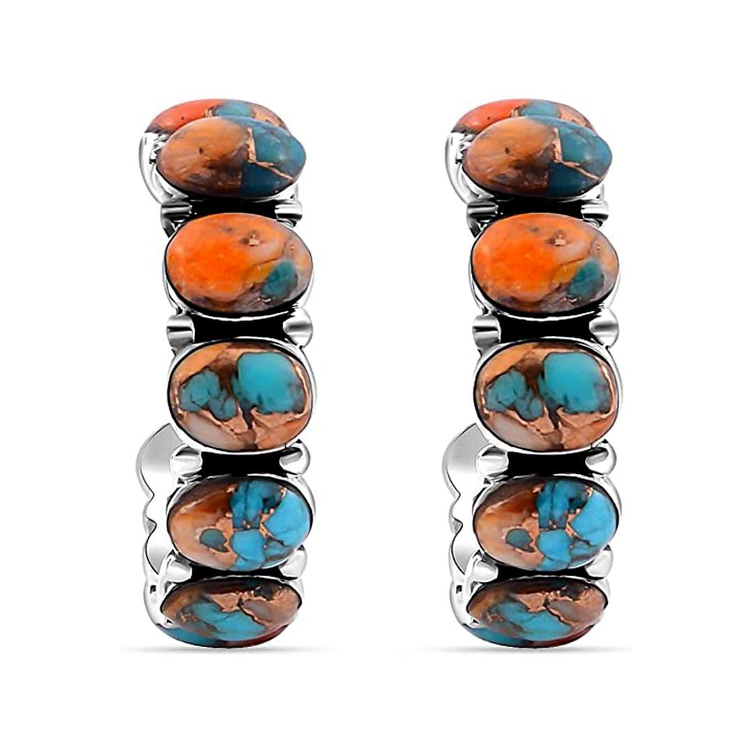 Shop LC Turquoise Half Hoop Earrings - Western Huggie Earrrings in 925 Sterling Silver for Women - Handmade Orange Spiny Oyster Southwestern Huggies Hoops Jewelry Birthday Gifts for Women