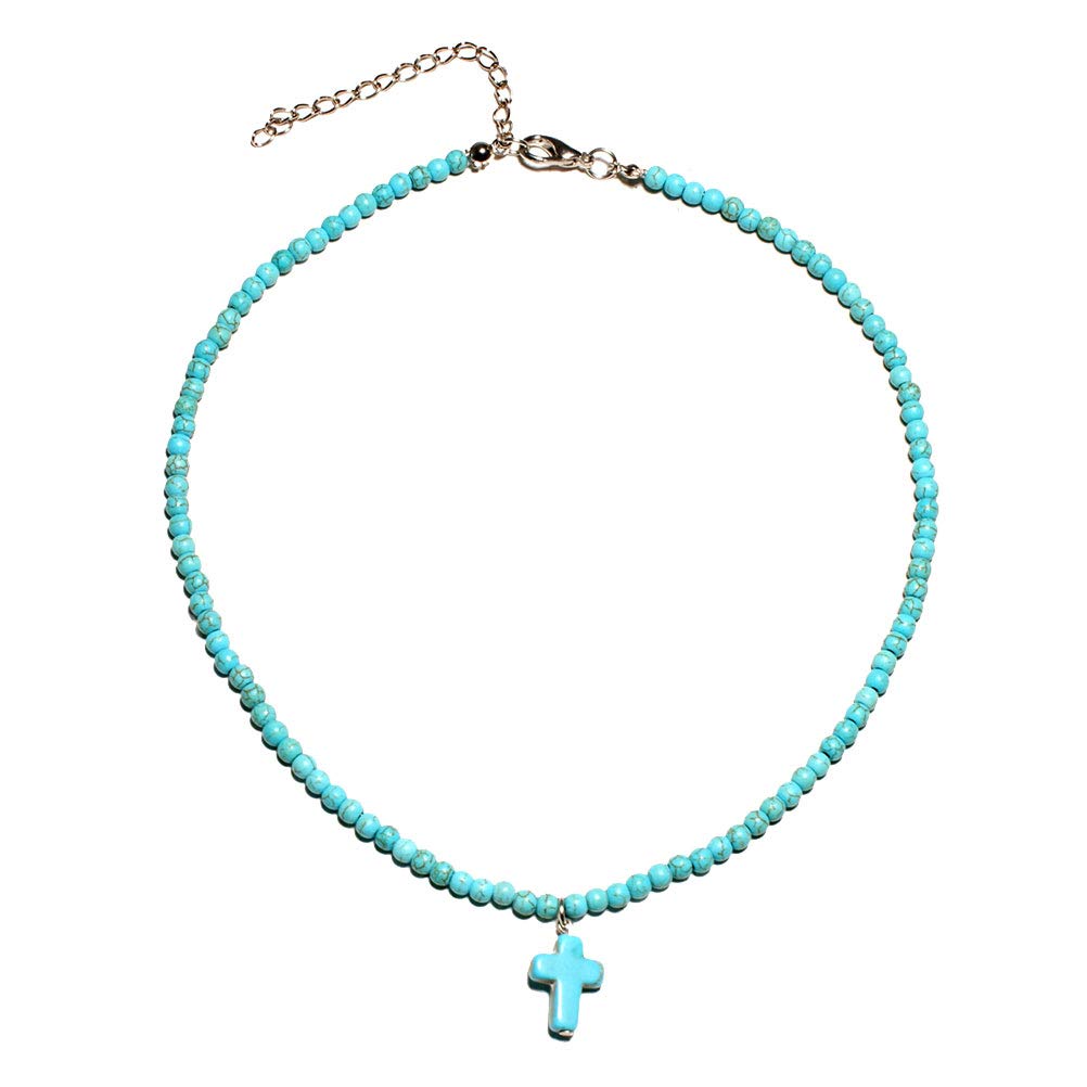 Cross Pendant Necklace Round Turquoise Clavicle Necklace Handmade Beads Choker for Women Girls