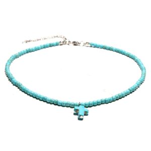 Cross Pendant Necklace Round Turquoise Clavicle Necklace Handmade Beads Choker for Women Girls