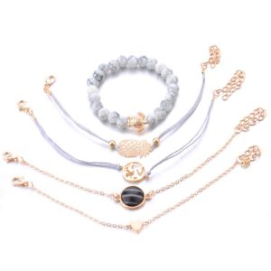 VONRU Beaded Bracelets for Women - Adjustable Charm Pendent Stack Bracelets For Women Friendship Gift Rose Quartz Bracelet Links with Pearl Gold Plated 5pcs/Set