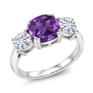 gem stone king 925 sterling silver amethyst and forever classic moissanite from charles & colvard 3 stone engagement ring for women | 3.10 cttw | gemstone february birthstone | cushion 8mm