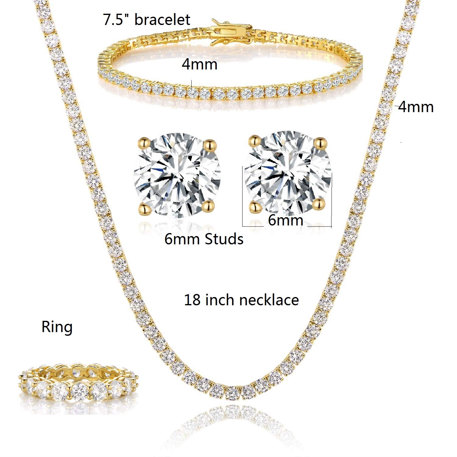 Gemsme 18K Yellow Gold Plated Tennis Necklace/Bracelet/Earrings/Band Ring Sets Pack of 4 (8)