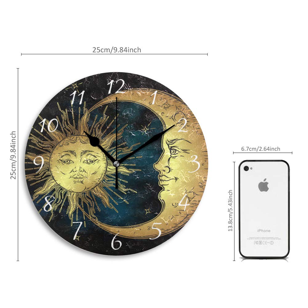 AHOMY Round Wall Clock Boho Sun and Moon Stars Home Art Decor Non-Ticking Numeral Clock for Home Office