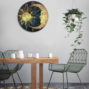 AHOMY Round Wall Clock Boho Sun and Moon Stars Home Art Decor Non-Ticking Numeral Clock for Home Office