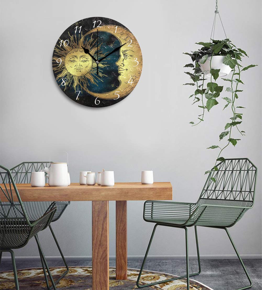 AHOMY Round Wall Clock Boho Sun and Moon Stars Home Art Decor Non-Ticking Numeral Clock for Home Office