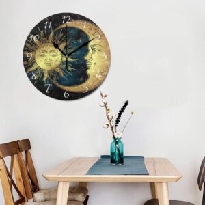 AHOMY Round Wall Clock Boho Sun and Moon Stars Home Art Decor Non-Ticking Numeral Clock for Home Office