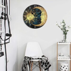 AHOMY Round Wall Clock Boho Sun and Moon Stars Home Art Decor Non-Ticking Numeral Clock for Home Office