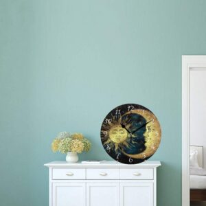 AHOMY Round Wall Clock Boho Sun and Moon Stars Home Art Decor Non-Ticking Numeral Clock for Home Office