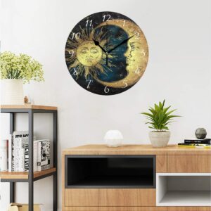 AHOMY Round Wall Clock Boho Sun and Moon Stars Home Art Decor Non-Ticking Numeral Clock for Home Office