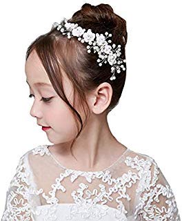 Campsis Flower Girl Headpiece White Pearl Wedding Headbands Rhinestone Hair Piece Tiara Bridal Bride for Women and Girls