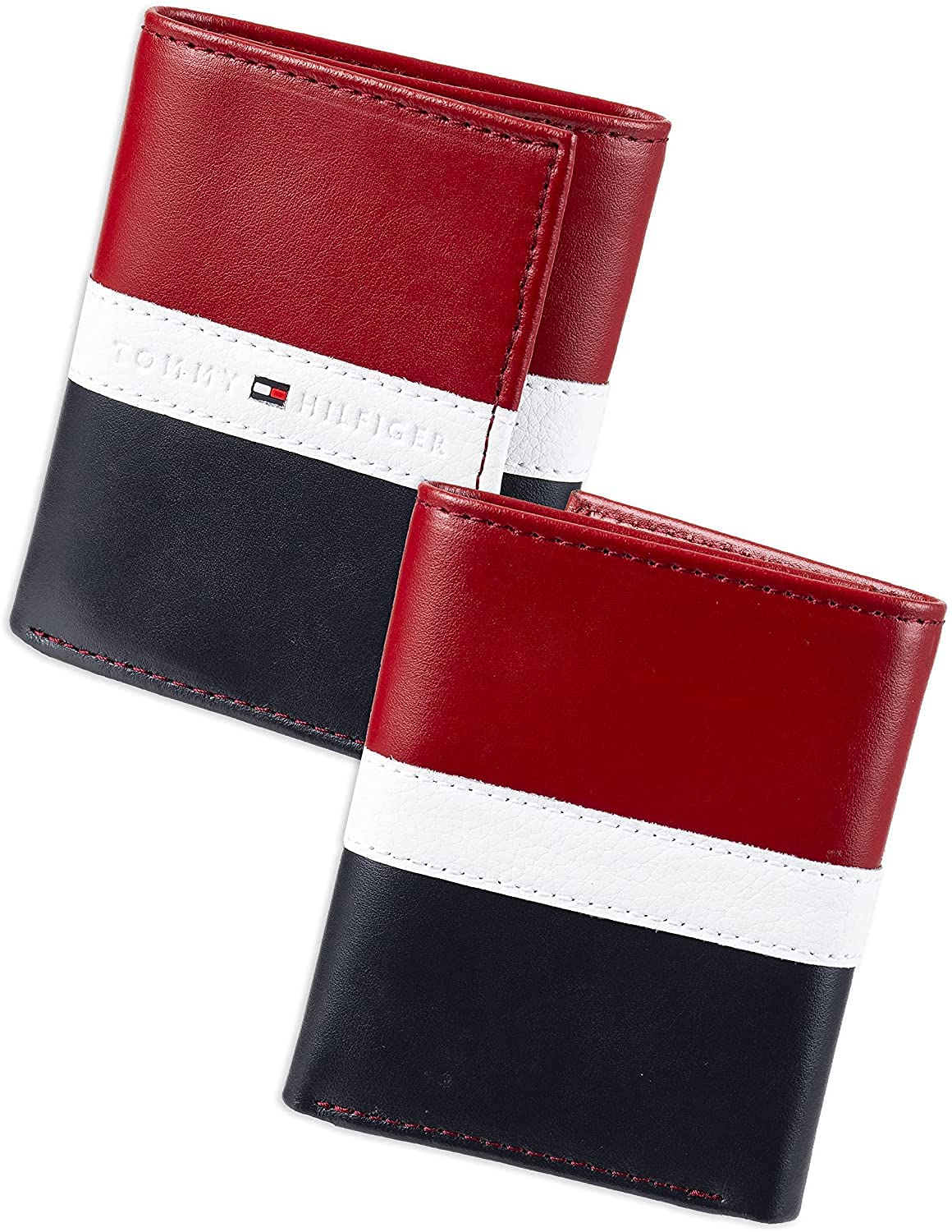 Tommy Hilfiger Big Skinny Wallet - Leather Wallets for Men Slim Thin Trifold with RFID Blocking Security and ID Window, Red/White/Blue, One Size