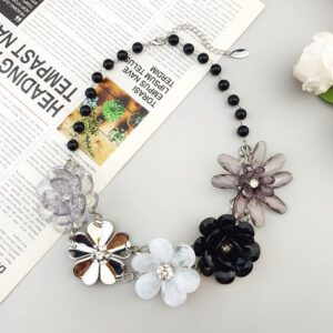 Bocar 5 Flower Braided Crystal Statement Chunky Necklace Bib Collar Pearl Jewelry for Women (NK-10127-black)