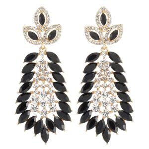 Marquise Black Crystal Rhinestone Cluster Leaf Long Dangle Statement Gold Color Earrings, Party Prom