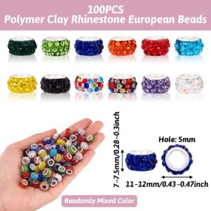 Craftdady 100Pcs Random Mixed Color Polymer Clay Large Hole European Beads with Rhinestone 11-12x7-7.5mm Rondelle Slide Bead Spacers for DIY Snake Chain Bracelet Making 5mm Big Hole