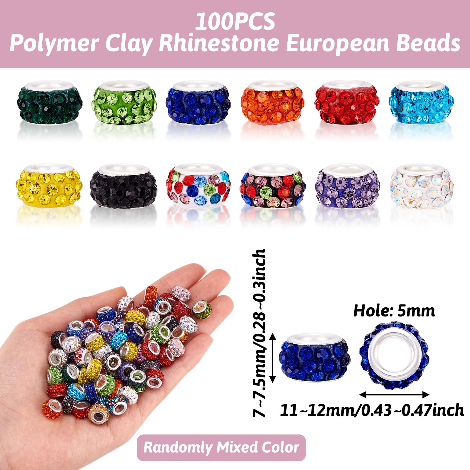 Craftdady 100Pcs Random Mixed Color Polymer Clay Large Hole European Beads with Rhinestone 11-12x7-7.5mm Rondelle Slide Bead Spacers for DIY Snake Chain Bracelet Making 5mm Big Hole