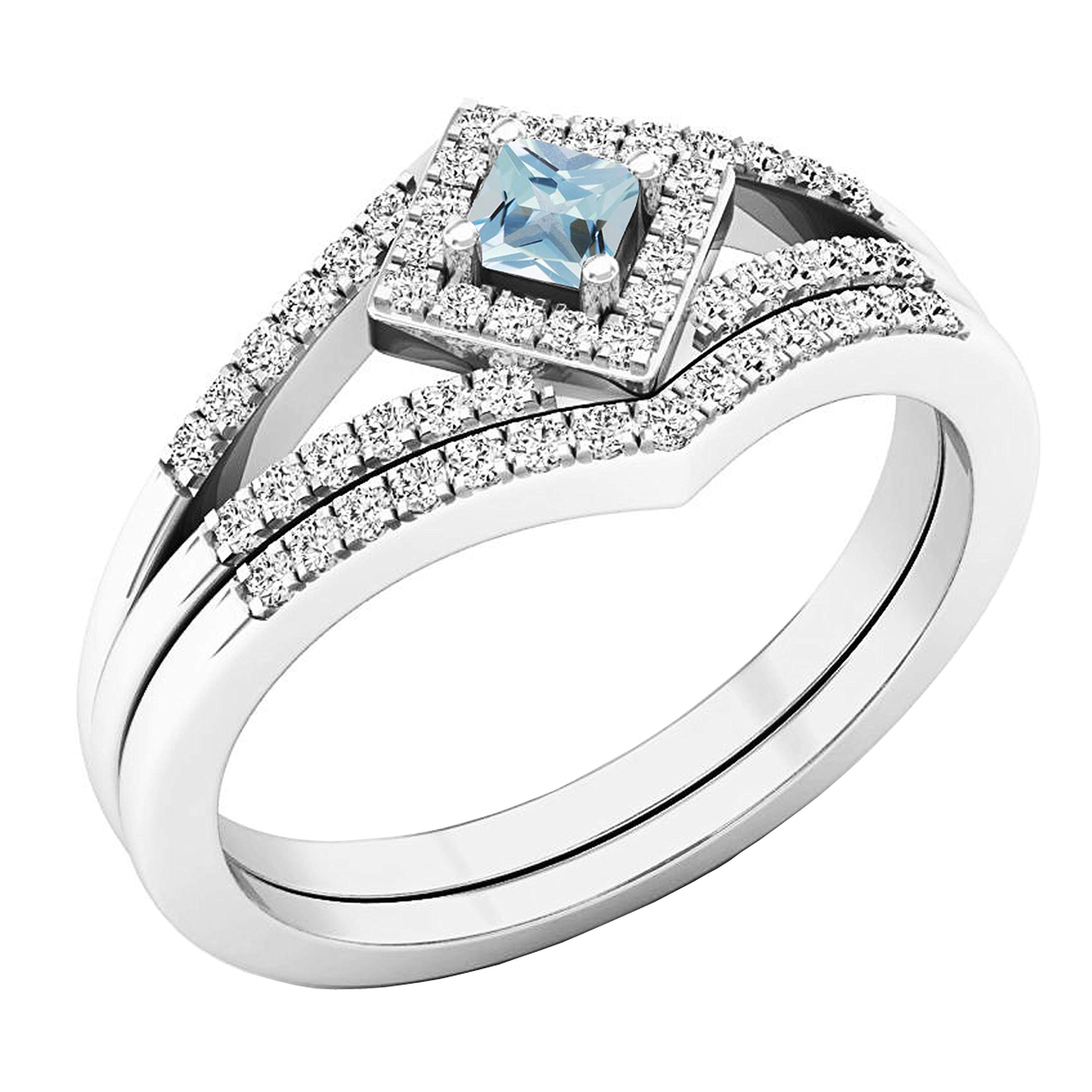 Dazzlingrock Collection 2.5 mm Princess Aquamarine & Round White Diamond Ladies Split Shank Engagement Ring Set, Sterling Silver, Size 4