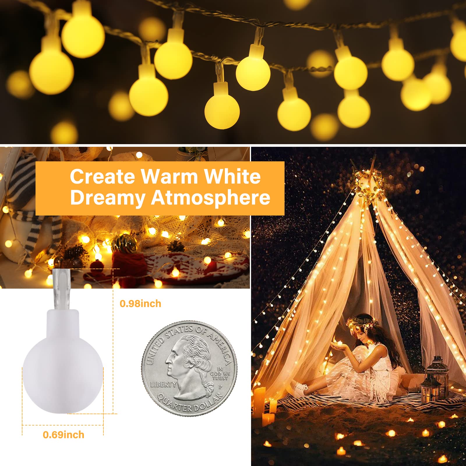 Minetom Globe String Lights, 33 Feet 100 Led Fairy Lights Plug in, 8 Modes with Remote Mini Globe Lights for Indoor Outdoor Bedroom Party Wedding Garden Christmas Tree Decor, Warm White