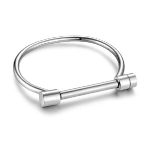 Carweilon Cuff Bracelet Bangle Bar Screw Shackle Novelty High Polished Stainless Steel Jewelry For Men Women Unisex Girls Boy (White Silver)