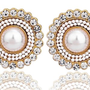 Cream Dome Big Pearl Stud Earrings, Crystals Rhinestones Art Vintage Earrings with Wedding Style