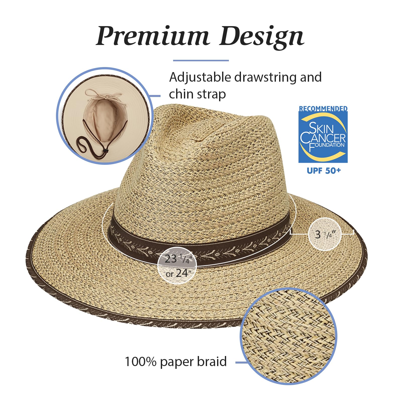 Wallaroo Hat Company – Men’s Cabo Fedora – Natural Wide Brim Sun Hat with Chin Strap and UPF 50+ Sun Protection – Classic Sun-SmartSurf Hat for Outdoor Adventures and Everyday (Large/X-Large, Natural)