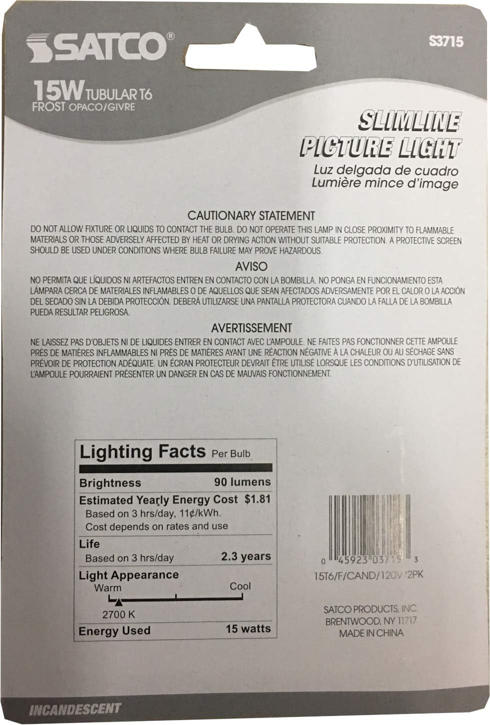 Satco S3715 Set of 3 Blister Packs Each with Two T6 Candelabra Tubular 15 Watt 120V Incandescent Dimmable Frosted Bulbs; Total of 6 Bulbs; C-5A Filament; E12 ANSI Base; 2700K Warm White