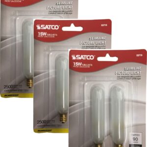 Satco S3715 Set of 3 Blister Packs Each with Two T6 Candelabra Tubular 15 Watt 120V Incandescent Dimmable Frosted Bulbs; Total of 6 Bulbs; C-5A Filament; E12 ANSI Base; 2700K Warm White