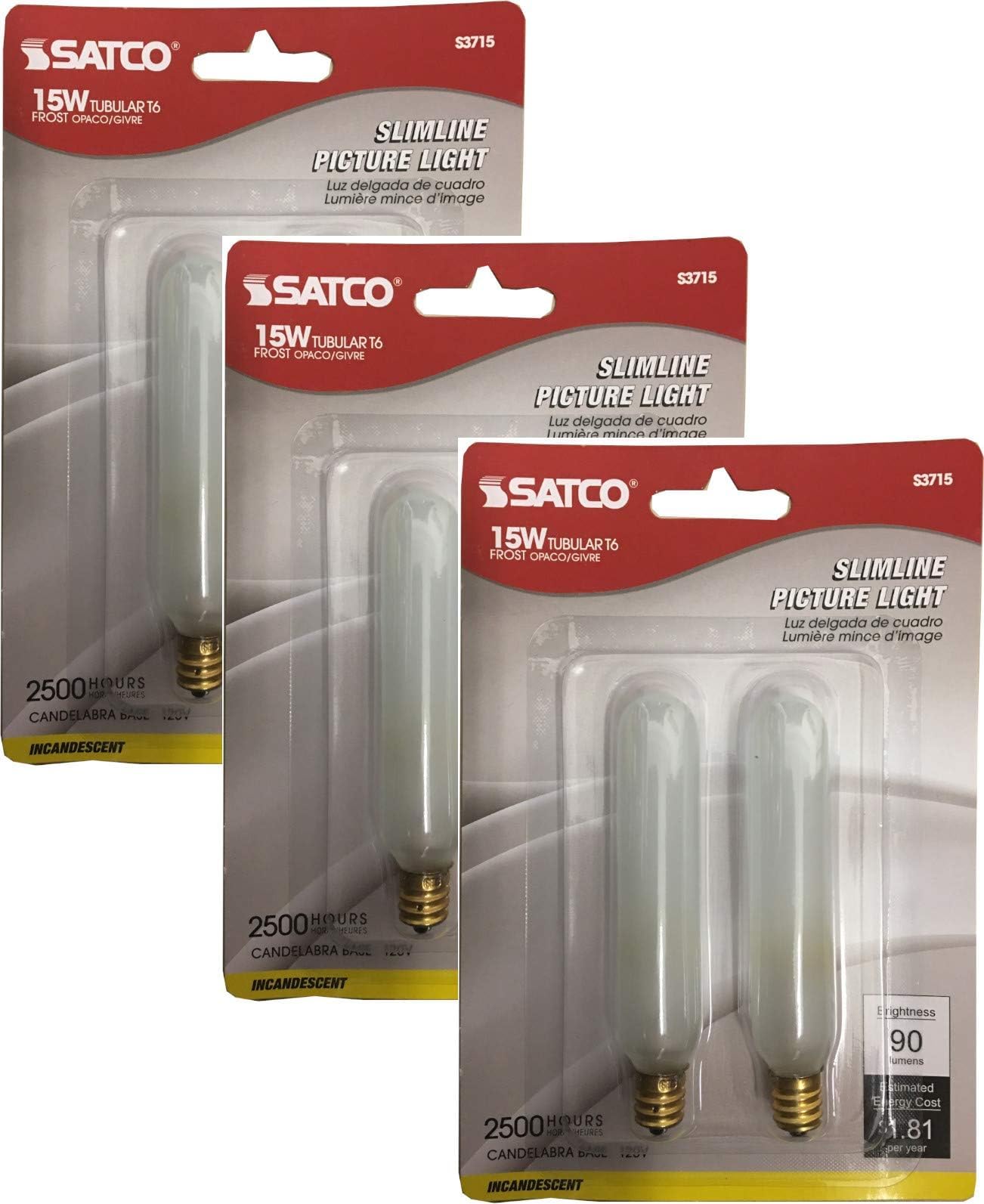 Satco S3715 Set of 3 Blister Packs Each with Two T6 Candelabra Tubular 15 Watt 120V Incandescent Dimmable Frosted Bulbs; Total of 6 Bulbs; C-5A Filament; E12 ANSI Base; 2700K Warm White