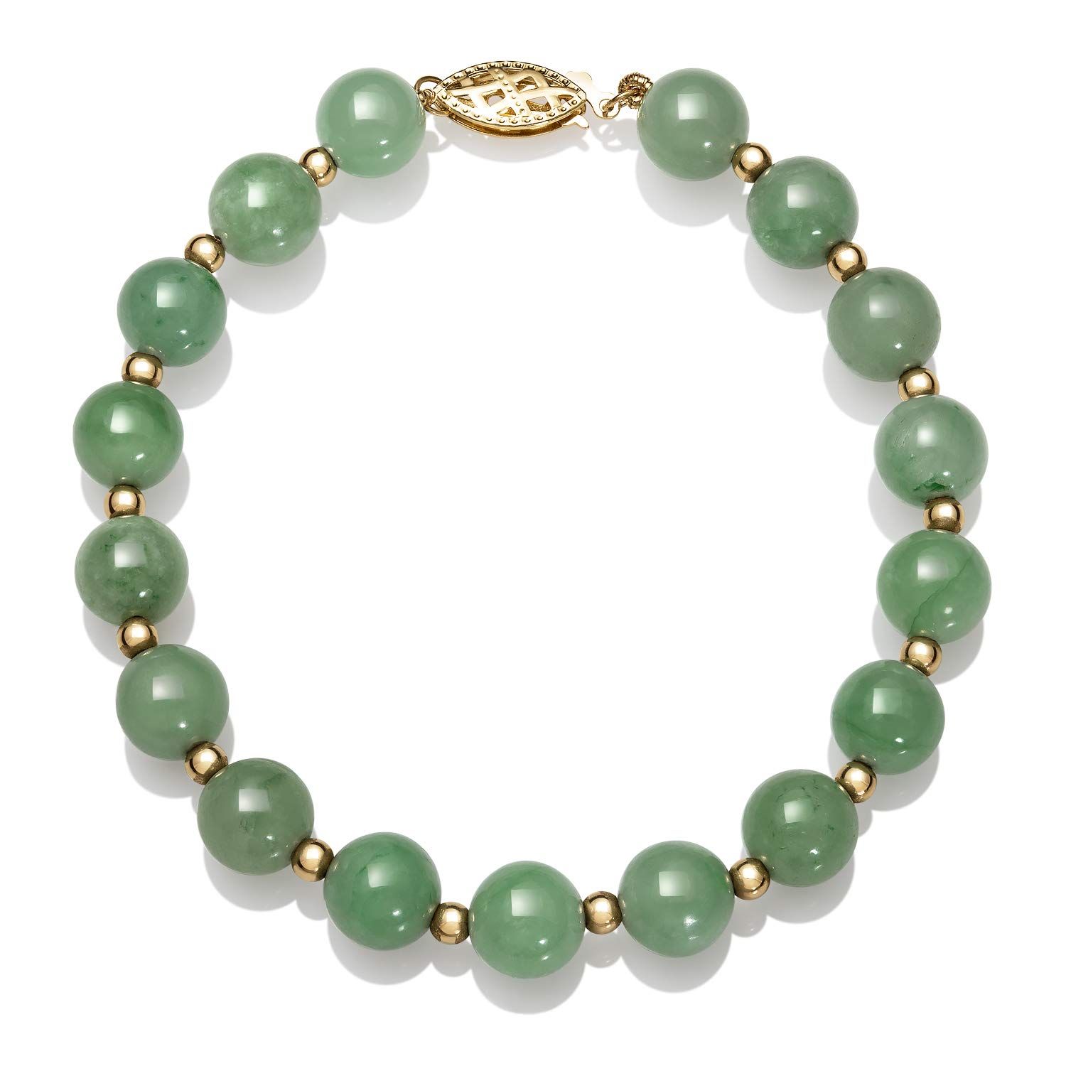 14k Gold Natural Green Jade Bead Bracelet, 7.5"