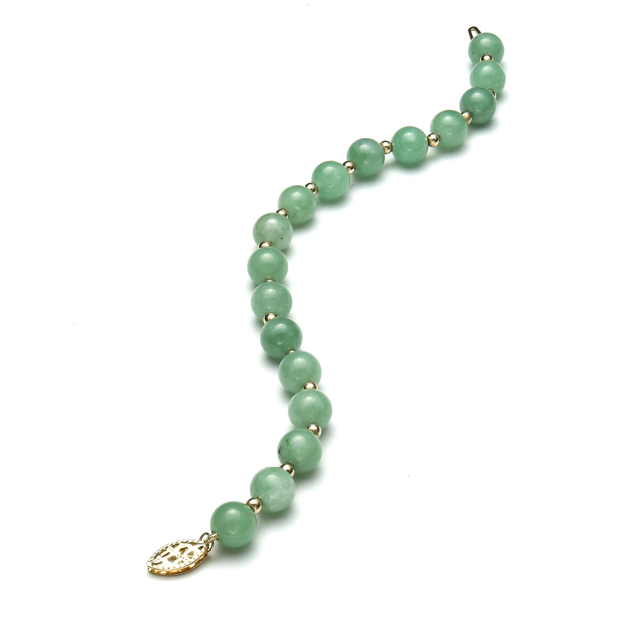 14k Gold Natural Green Jade Bead Bracelet, 7.5"