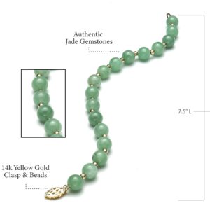 14k Gold Natural Green Jade Bead Bracelet, 7.5"