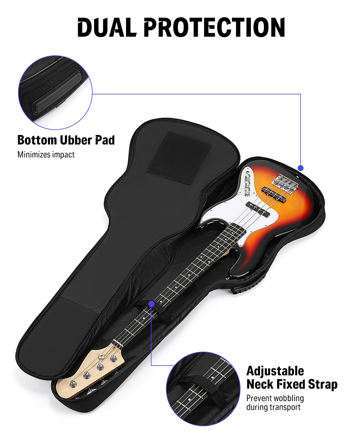 Donner 47 Inch Bass Guitar Case, 0.4 Inch Thick Padding Sponge 600D Ripstop Waterproof Nylon Soft Electric Bass Guitar Gig Bag with 3 Pockets and Back Hanger Loop, Black