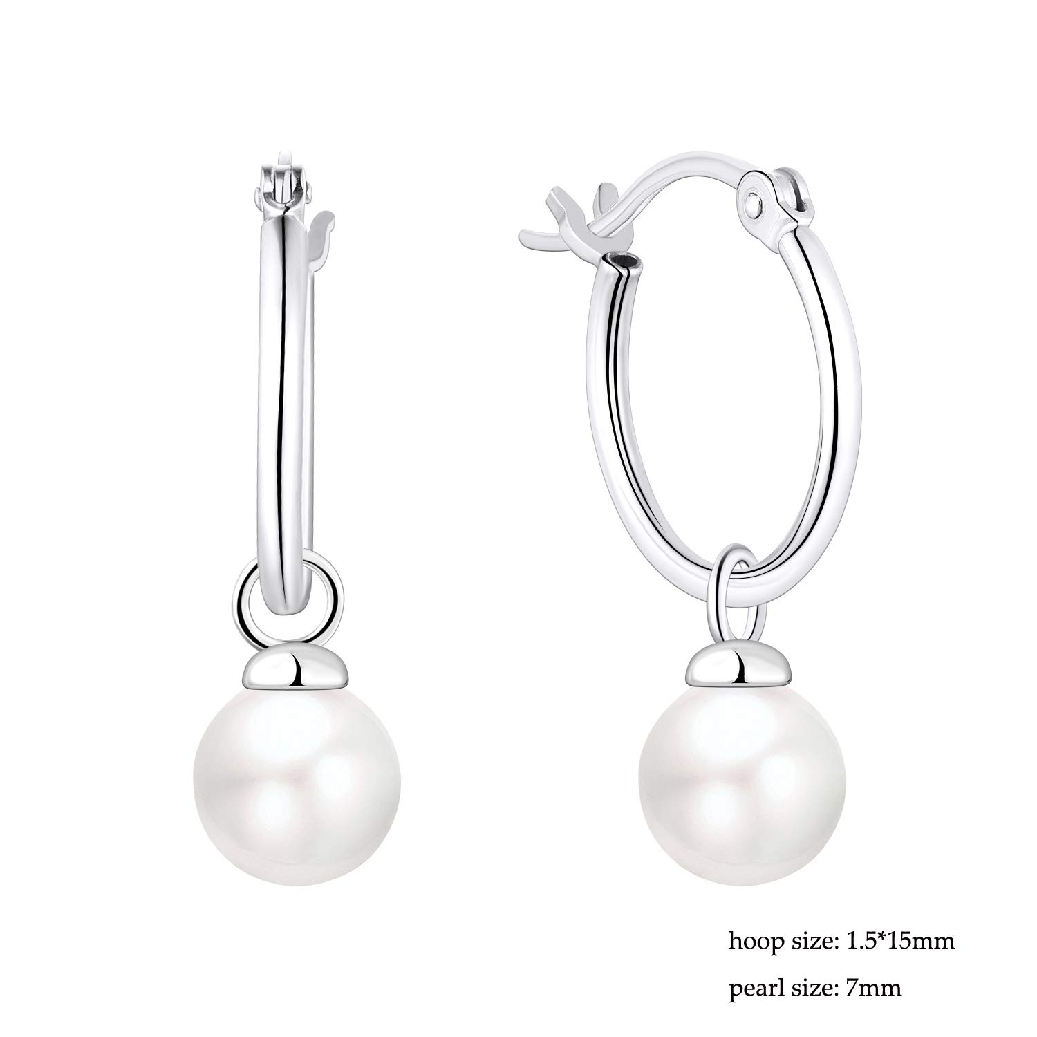 JO WISDOM 925 Sterling Silver Simulated White Shell Pearl Hoop Earrings (Size: 1.5 * 15mm)