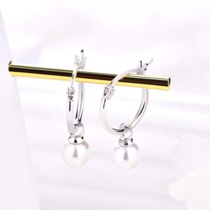 JO WISDOM 925 Sterling Silver Simulated White Shell Pearl Hoop Earrings (Size: 1.5 * 15mm)