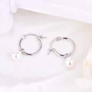 JO WISDOM 925 Sterling Silver Simulated White Shell Pearl Hoop Earrings (Size: 1.5 * 15mm)