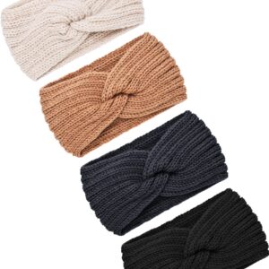 TecUnite 4 Pieces Chunky Knit Headbands Braided Winter Headbands Ear Warmers Crochet Head Wraps for Women(Black, Dark Grey, Camel, Beige)