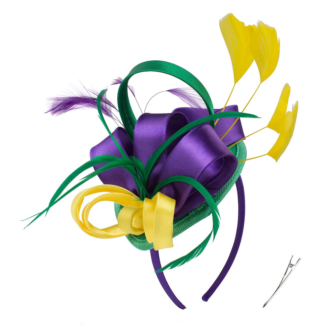 FELIZHOUSE Mardi Gras Fascinator Hats for Women Ladies Feather Cocktail Party Hats Bridal Headpieces Ascot Fascinator Headband (Satin Mardi Gras)