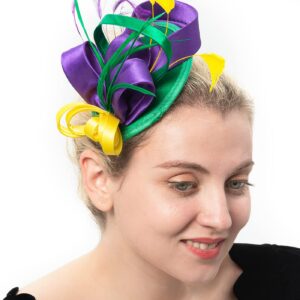 FELIZHOUSE Mardi Gras Fascinator Hats for Women Ladies Feather Cocktail Party Hats Bridal Headpieces Ascot Fascinator Headband (Satin Mardi Gras)