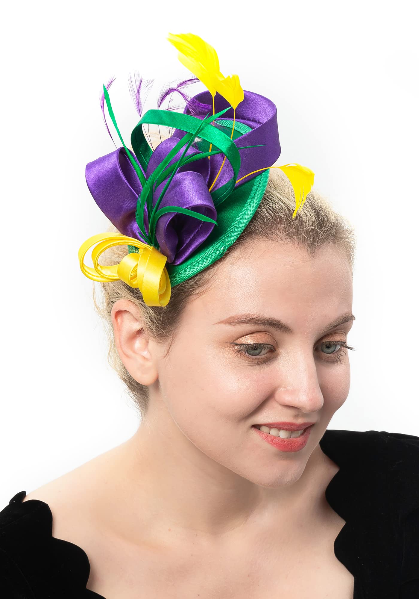 FELIZHOUSE Mardi Gras Fascinator Hats for Women Ladies Feather Cocktail Party Hats Bridal Headpieces Ascot Fascinator Headband (Satin Mardi Gras)