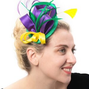 FELIZHOUSE Mardi Gras Fascinator Hats for Women Ladies Feather Cocktail Party Hats Bridal Headpieces Ascot Fascinator Headband (Satin Mardi Gras)