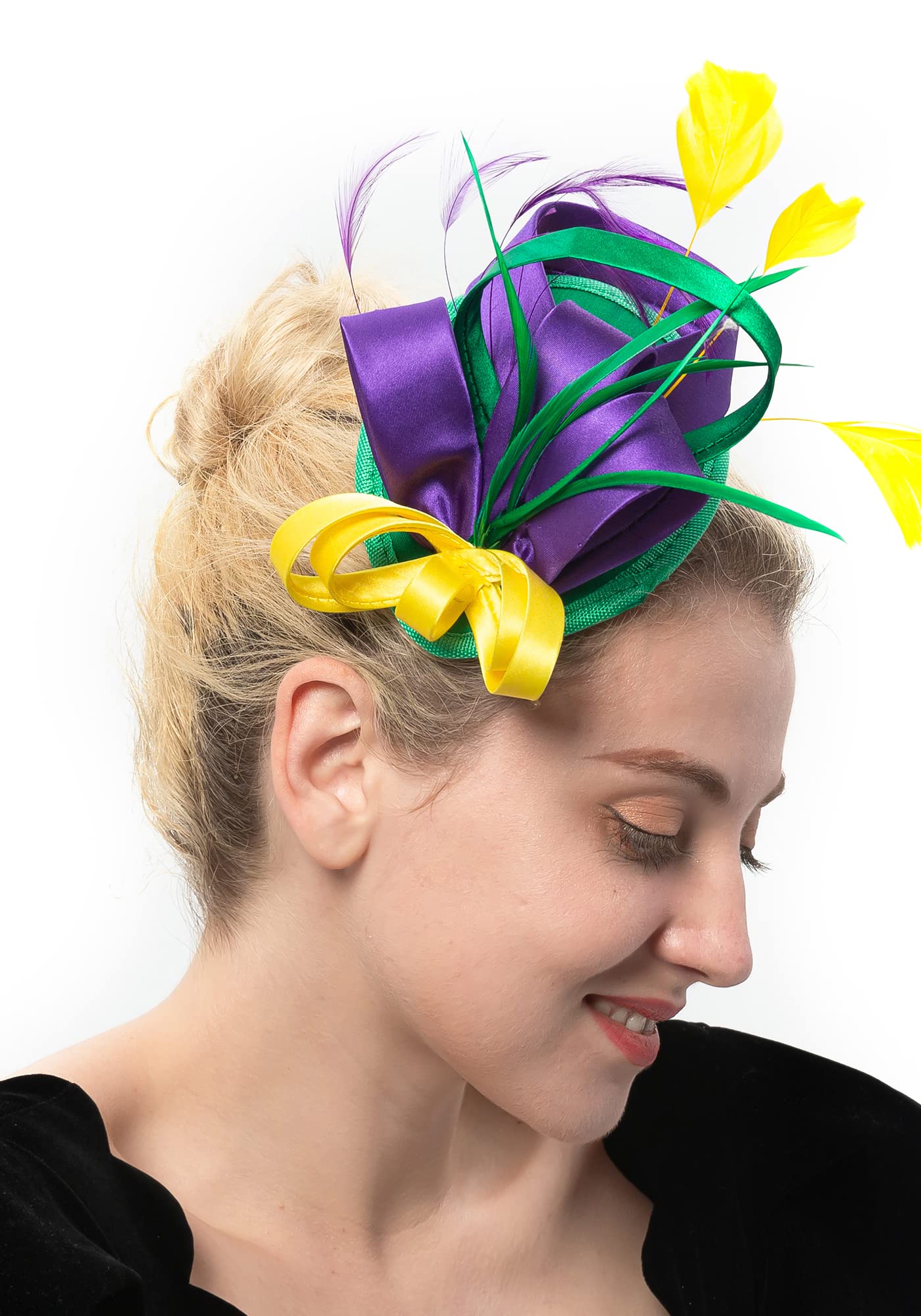 FELIZHOUSE Mardi Gras Fascinator Hats for Women Ladies Feather Cocktail Party Hats Bridal Headpieces Ascot Fascinator Headband (Satin Mardi Gras)