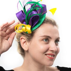 FELIZHOUSE Mardi Gras Fascinator Hats for Women Ladies Feather Cocktail Party Hats Bridal Headpieces Ascot Fascinator Headband (Satin Mardi Gras)