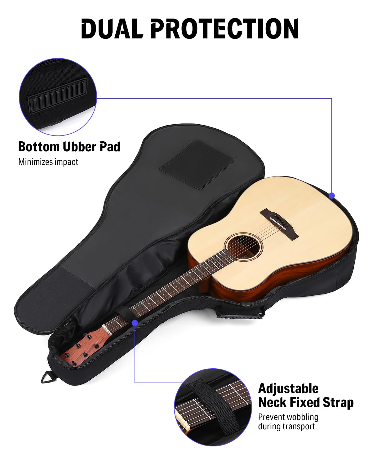 Donner 36 Inch Acoustic Guitar Case, 0.4 Inch Thick Padding Sponge 600D Ripstop Waterproof Nylon Soft Guitar Gig Bag with 3 Pockets and Back Hanger Loop, Black