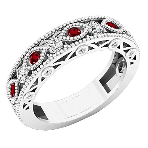 Dazzlingrock Collection 10K Round Garnet & White Diamond Ladies Vintage Stackable Wedding Band, White Gold, Size 7.5