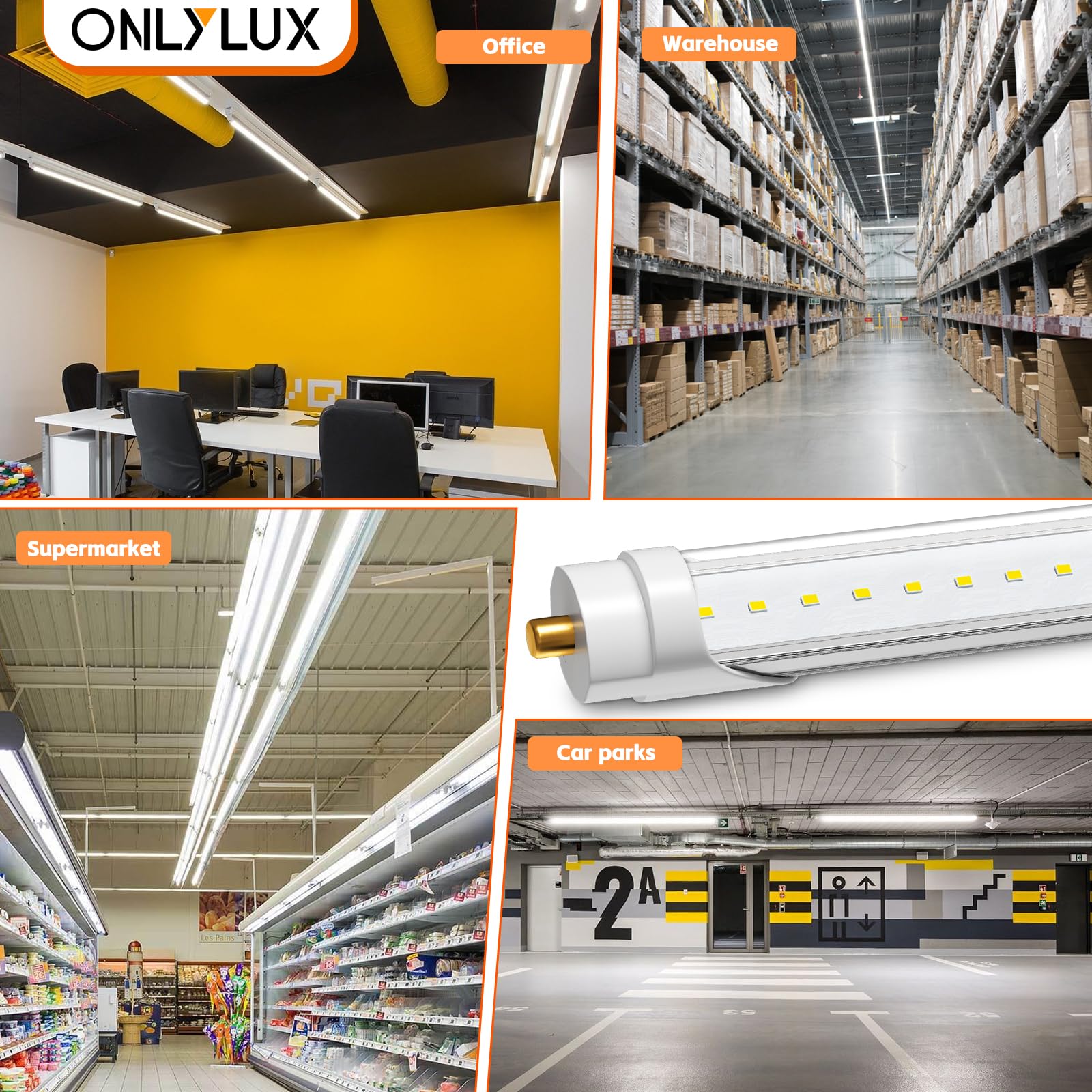 ONLYLUX 8 Foot Led Lights, T8 96" 45Watt FA8 Single Pin LED Shop Lights 5850LM, Ballast Bypass, 6000k, F96 8ft Led Bulbs Fluorescent Replacement,Workshop, Warehouse, Clear Cover(12 Pack)