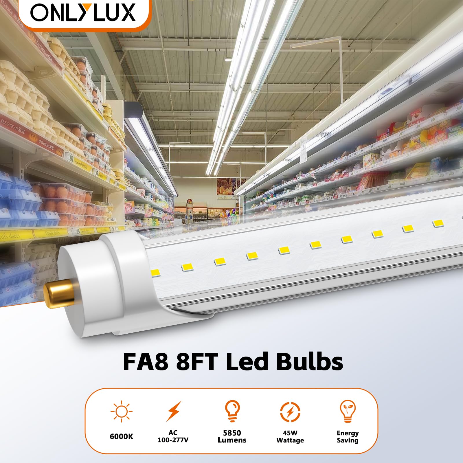 ONLYLUX 8 Foot Led Lights, T8 96" 45Watt FA8 Single Pin LED Shop Lights 5850LM, Ballast Bypass, 6000k, F96 8ft Led Bulbs Fluorescent Replacement,Workshop, Warehouse, Clear Cover(12 Pack)