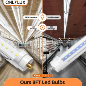 ONLYLUX 8 Foot Led Lights, T8 96" 45Watt FA8 Single Pin LED Shop Lights 5850LM, Ballast Bypass, 6000k, F96 8ft Led Bulbs Fluorescent Replacement,Workshop, Warehouse, Clear Cover(12 Pack)