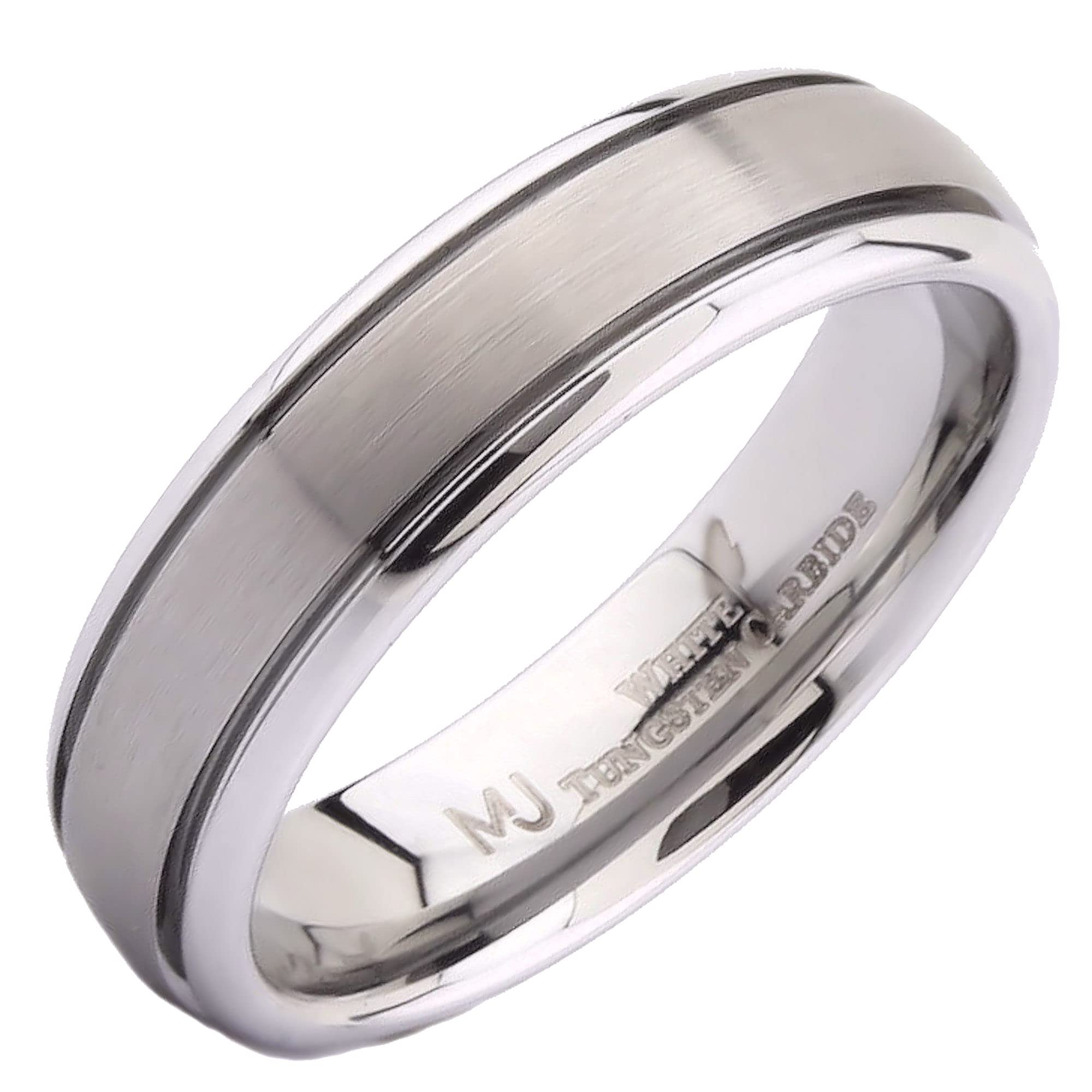 MJ Metals Jewelry Classic Grooved White Tungsten Carbide Wedding Band Brushed Center 6mm COMFORT FIT Ring Size 7.5