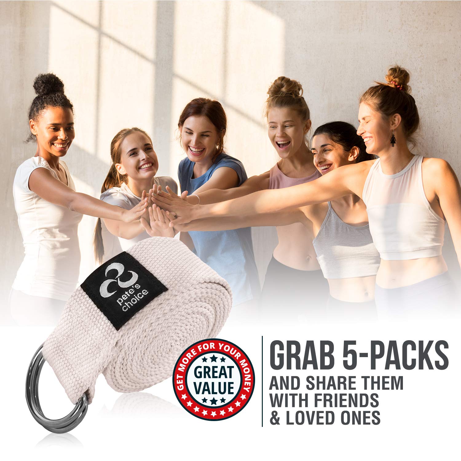 5 Pack Yoga Exercise Adjustable Straps 8Ft | BONUS eBook | with Durable D-Ring For Pilates & Gym Workouts | Hold Poses, Stretch, Improve Flexibility & Maintain Balance