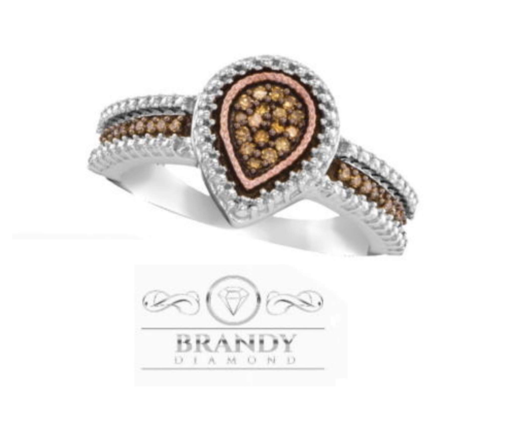 Brandy Diamond Silver Rose Tone Chocolate Brown Diamond Loving You Forever Teardrop Design Ring 1/6 Ctw.