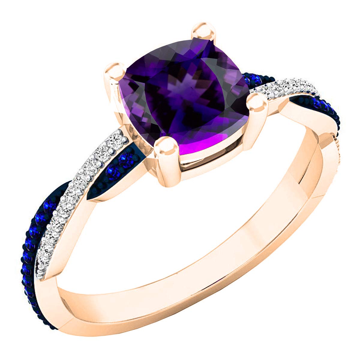 Dazzlingrock Collection 14K 6 MM Cushion Amethyst, Round Blue Sapphire & Diamond Engagement Ring, Rose Gold, Size 5.5